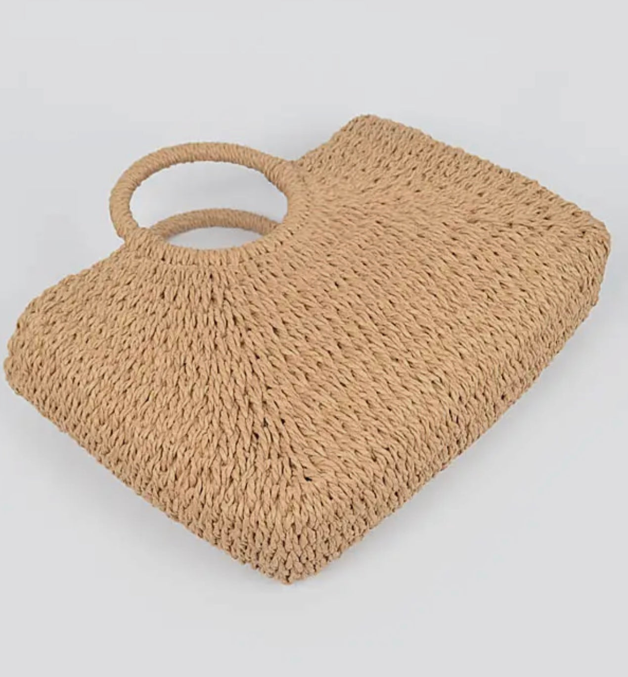 Structured natural woven tote bag with short handles from Adrienne Rebecca Boutique