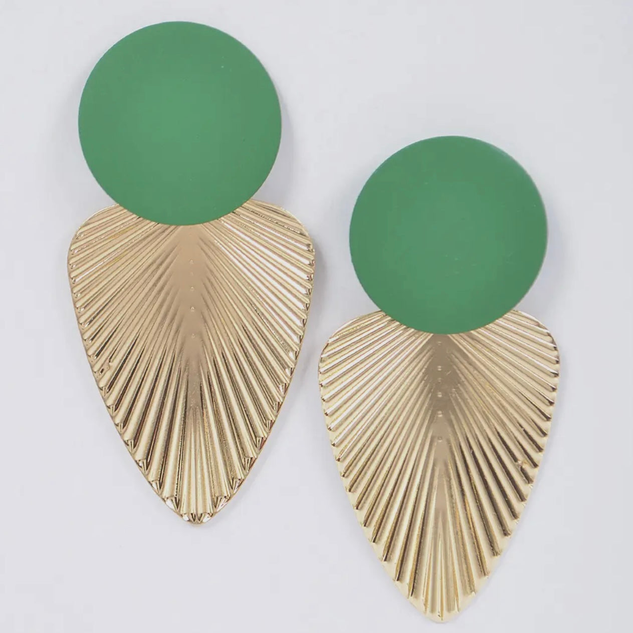 Modern geometric drop earrings in green with polished finish from Adrienne Rebecca Boutique