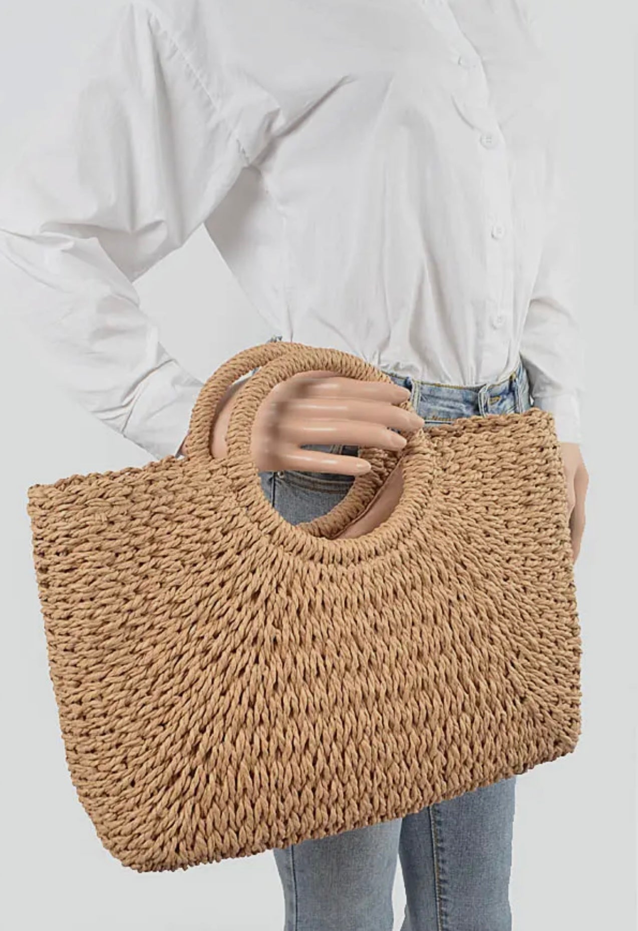 Structured natural woven tote bag with short handles from Adrienne Rebecca Boutique