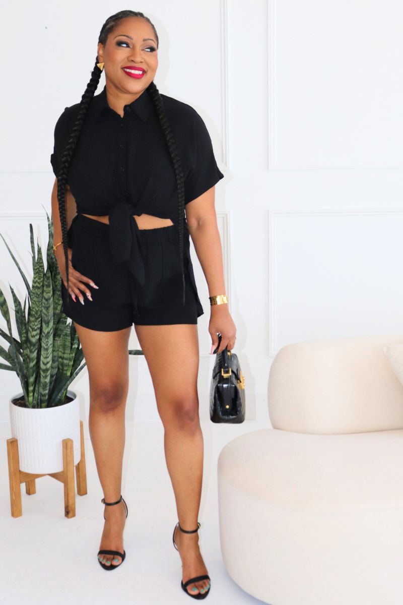 Relaxed Chic Tie-Front Short Set - BLACK