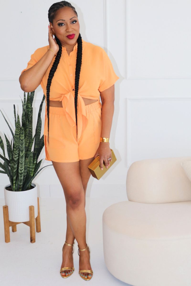 Relaxed Chic Tie-Front Short Set - ORANGE