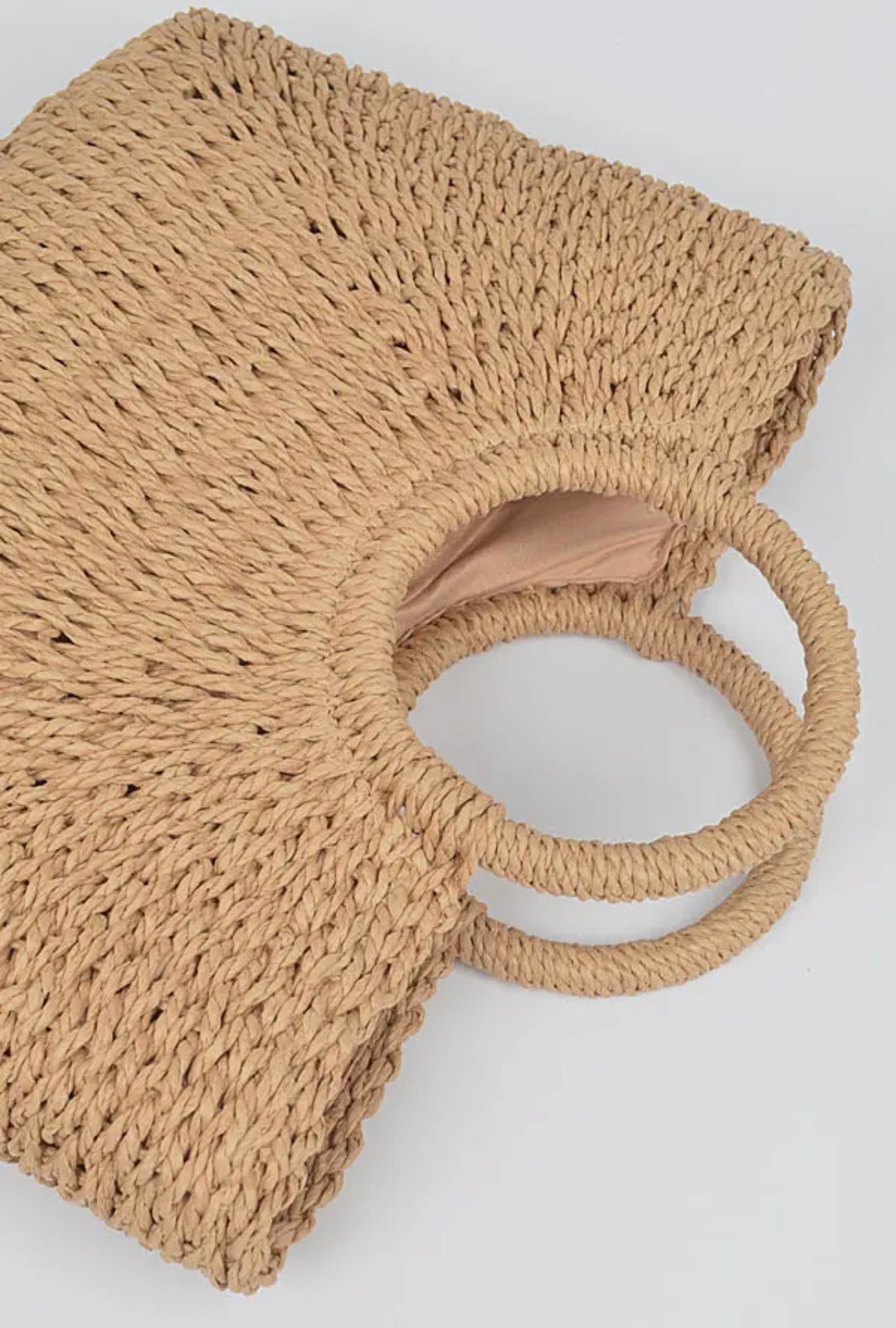 Structured natural woven tote bag with short handles from Adrienne Rebecca Boutique