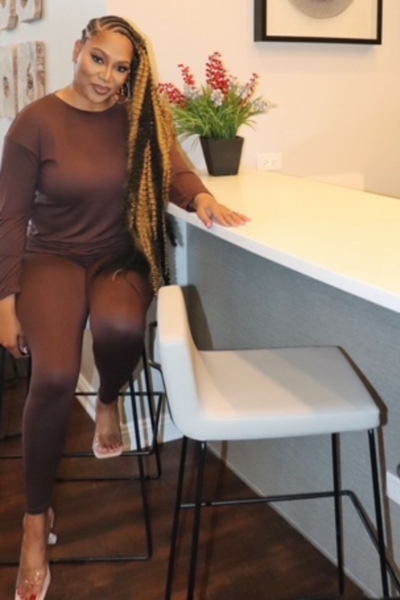 2 Piece Round Neck Leggings Set - BROWN