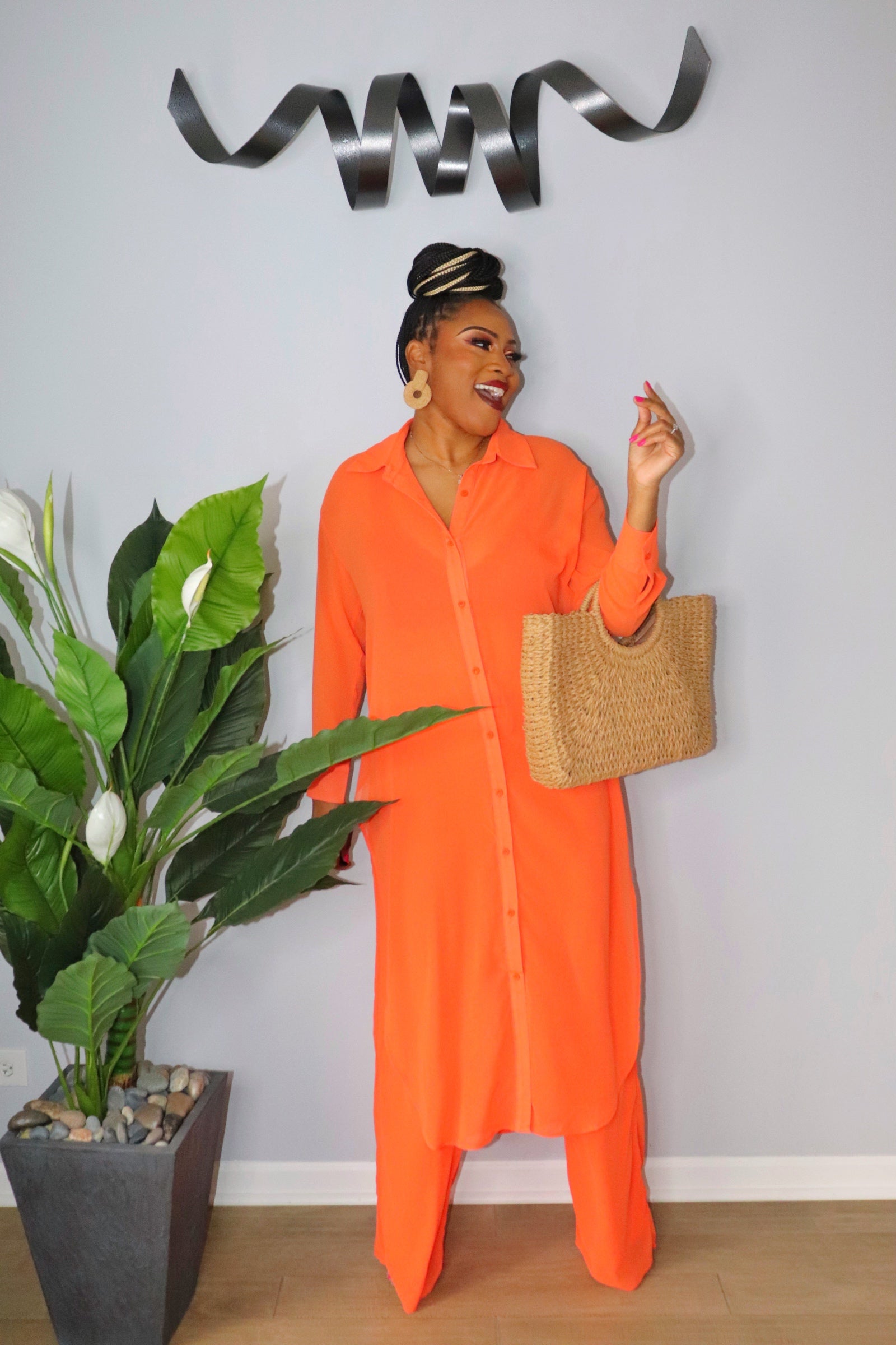 Adrienne Rebecca Boutique, orange 2-piece pants set, summer matching set, flowy wide-leg pants outfit, sleeveless top and pants set, vacation-ready outfit