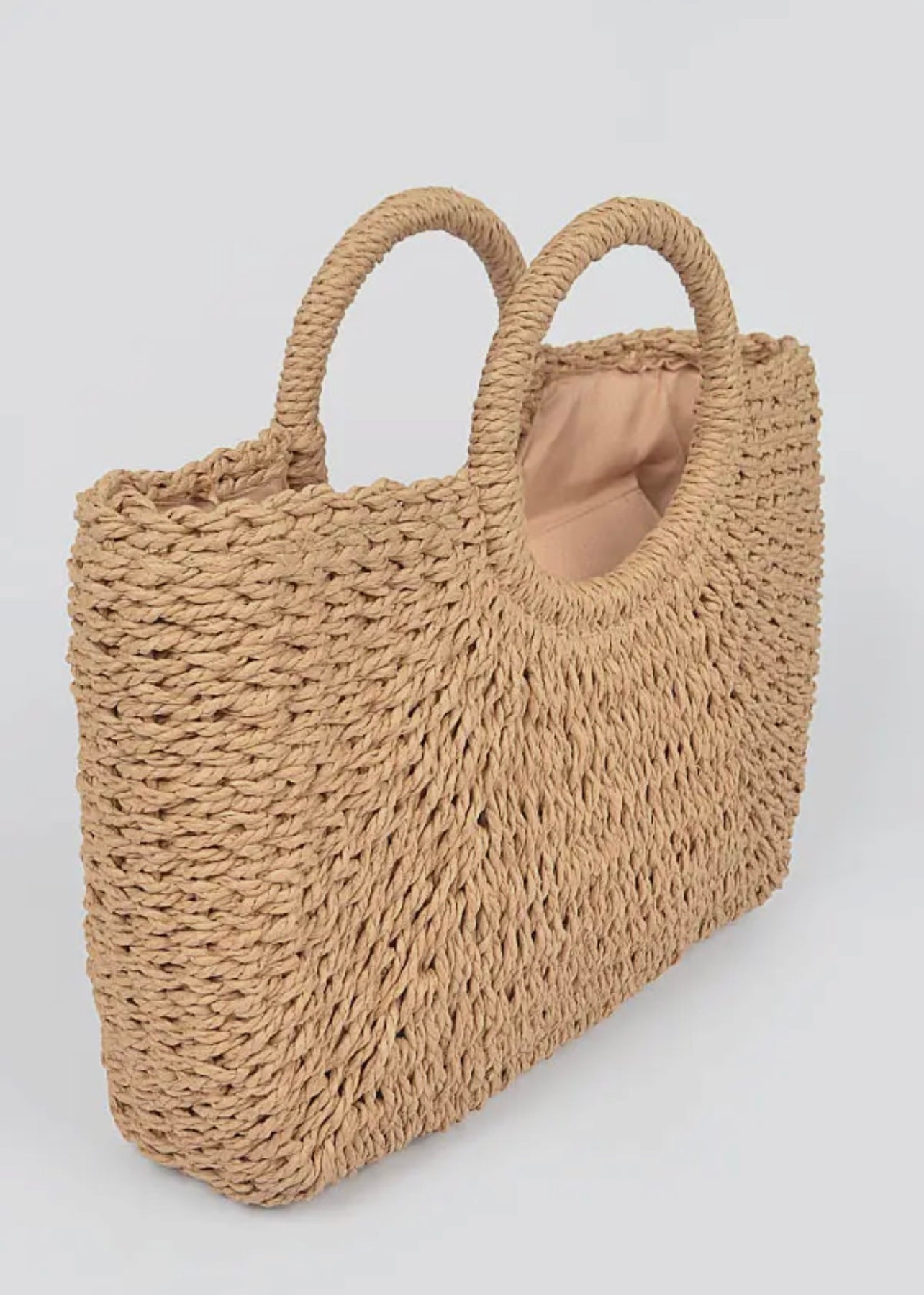 Structured natural woven tote bag with short handles from Adrienne Rebecca Boutique