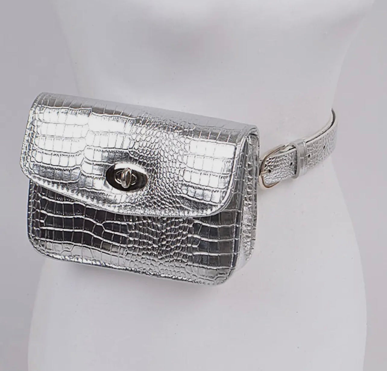 Silver croc-embossed waist bag with adjustable strap from Adrienne Rebecca Boutique