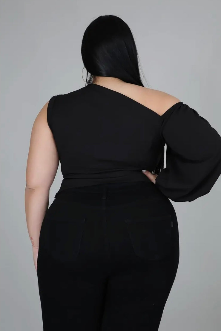 PLUS SIZE Midnight Elegance One Shoulder Puff Sleeve Top