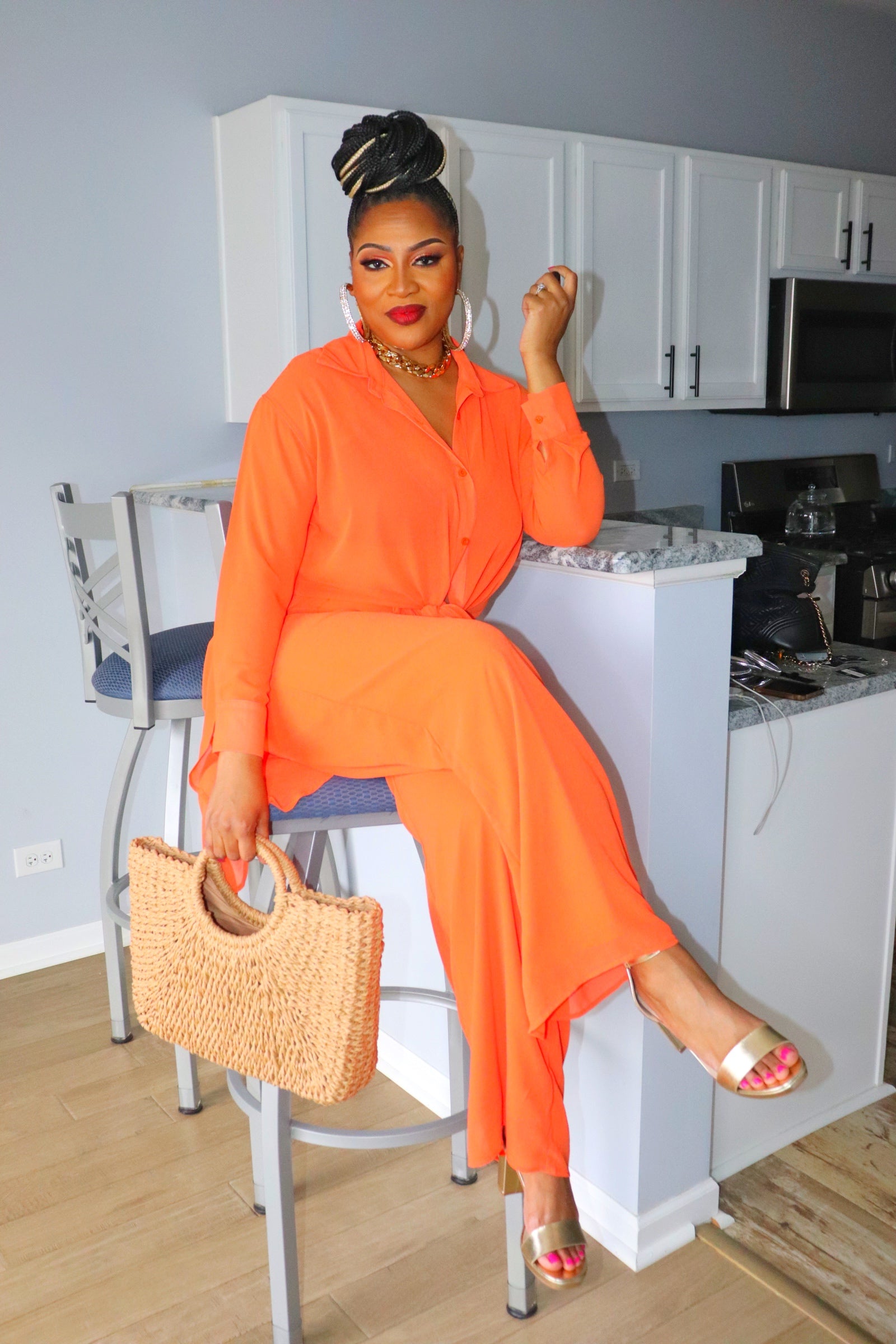 Adrienne Rebecca Boutique, orange 2-piece pants set, summer matching set, flowy wide-leg pants outfit, sleeveless top and pants set, vacation-ready outfit