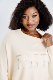 Embellished "Faith" Round-Neck Sweater