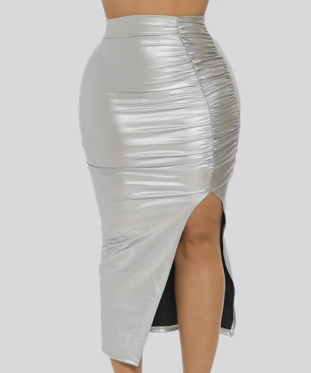 Metallic Glamour Ruched Midi Skirt