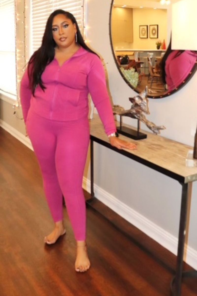 Soft Knit Zip Up Jacket and Leggings Set - FUCHSIA