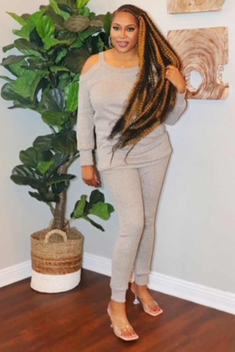 2 Pc Cold Shoulder Top & Jogger Set - HEATHER GREY
