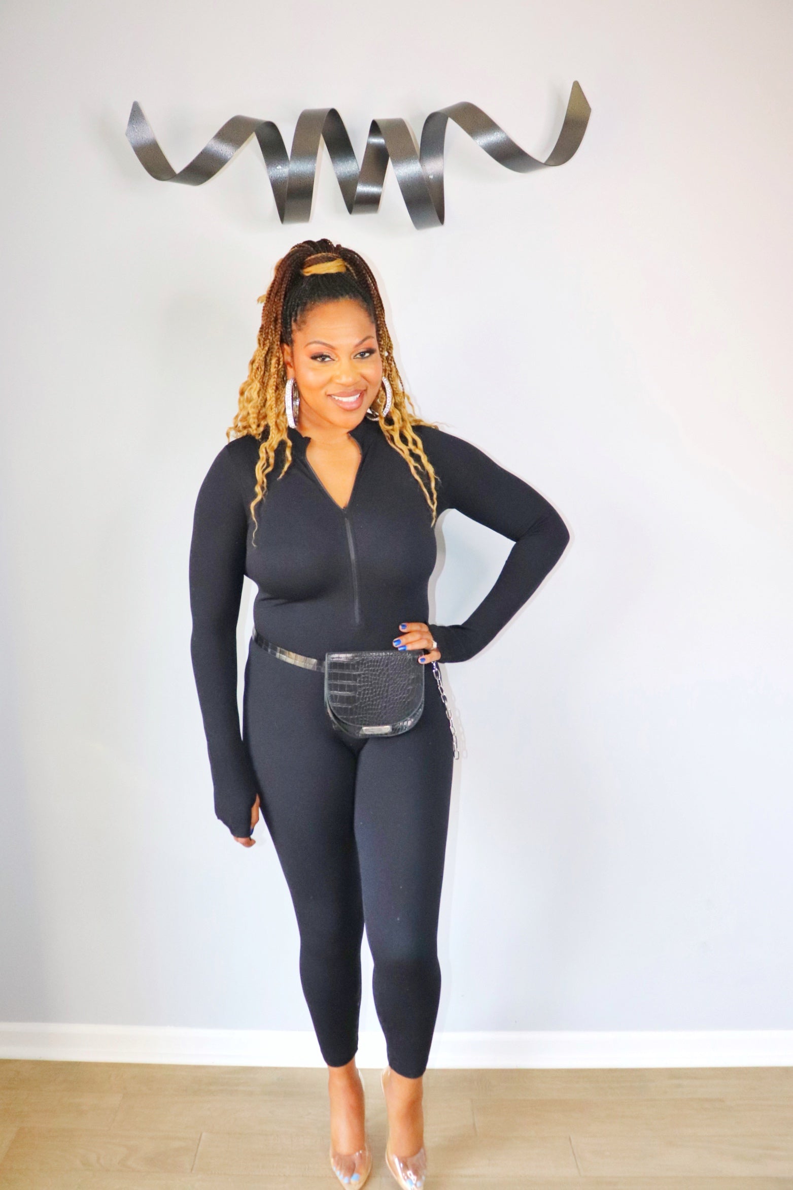 Adrienne Rebecca Boutique, black bodycon jumpsuit, scoop neck one-piece, women’s fitted jumpsuit, stretch jumpsuit outfit, layering essential