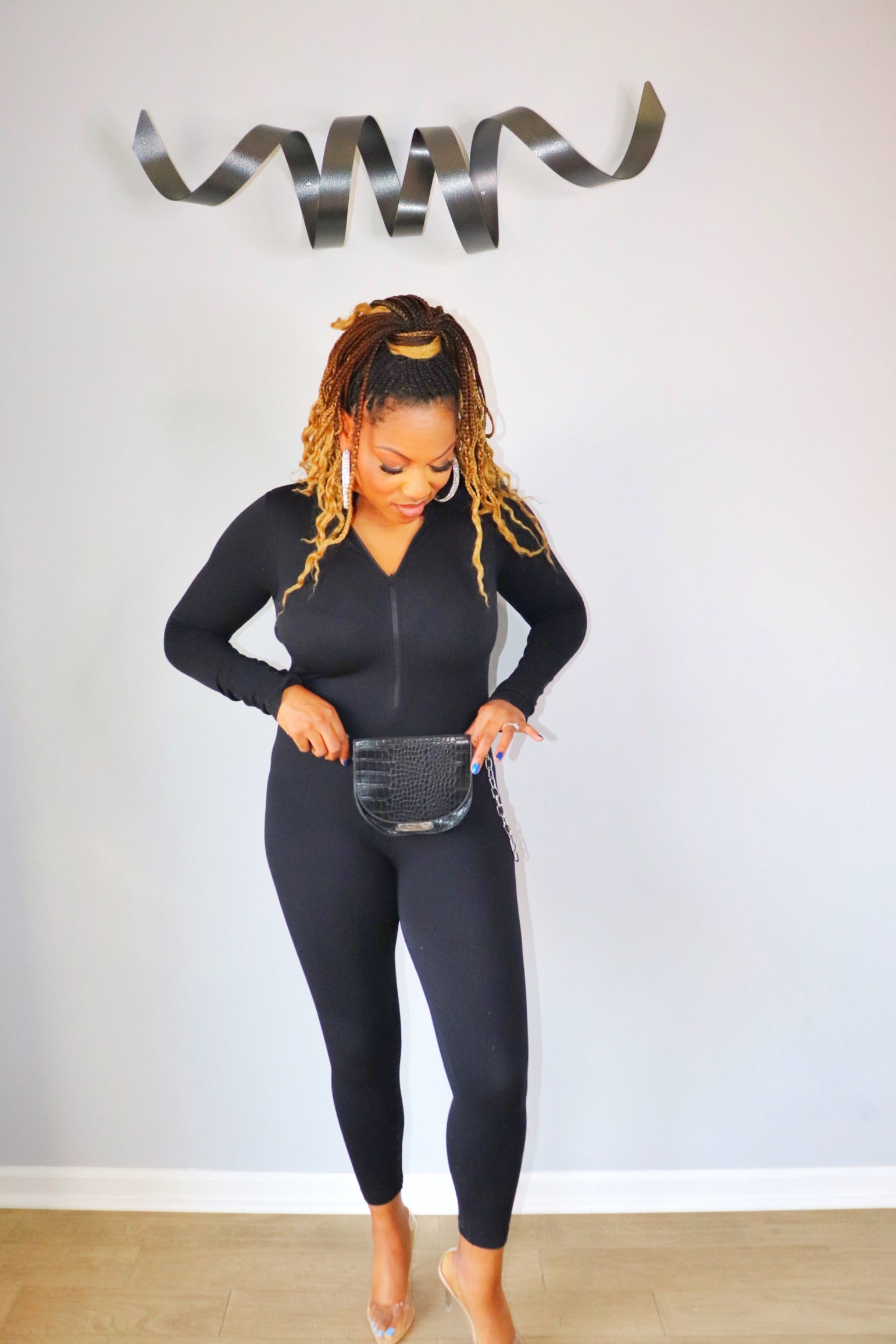 Adrienne Rebecca Boutique, black bodycon jumpsuit, scoop neck one-piece, women’s fitted jumpsuit, stretch jumpsuit outfit, layering essential