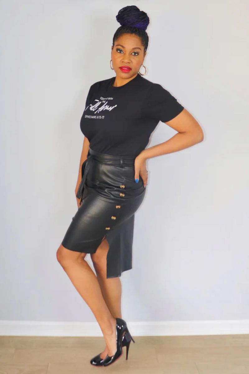 Leather high waist midi skirt with belt