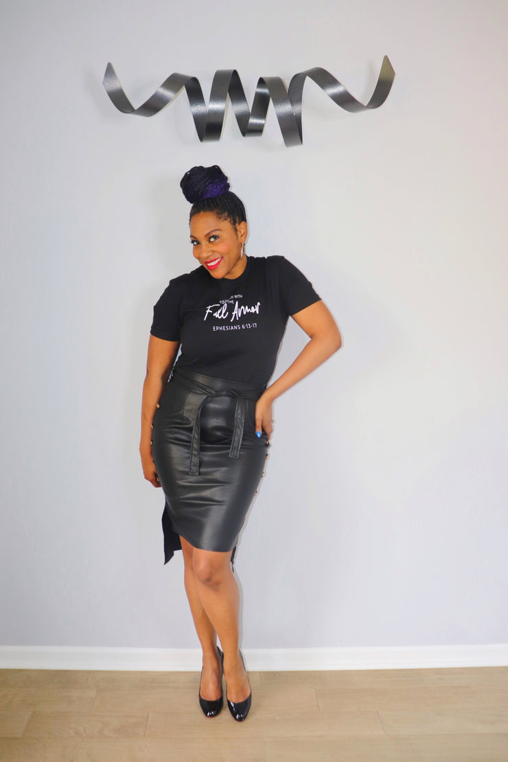 Leather high waist midi skirt with belt